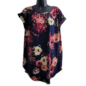 Cool Melon Womens Navy Roses Floral Knit Short Sleeve Top Size Large Comfy Soft